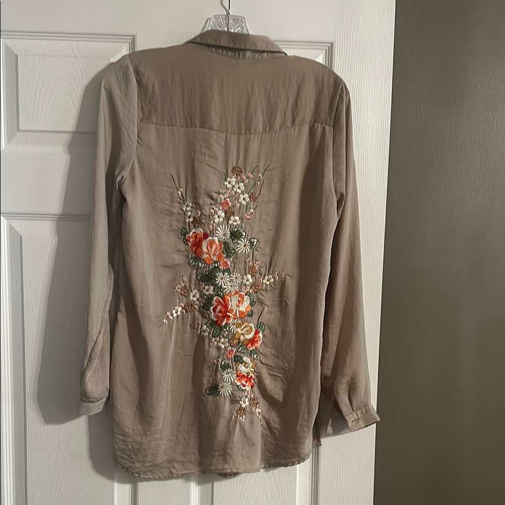 Women’s Tan Button-Up Shirt with embroidery on the back